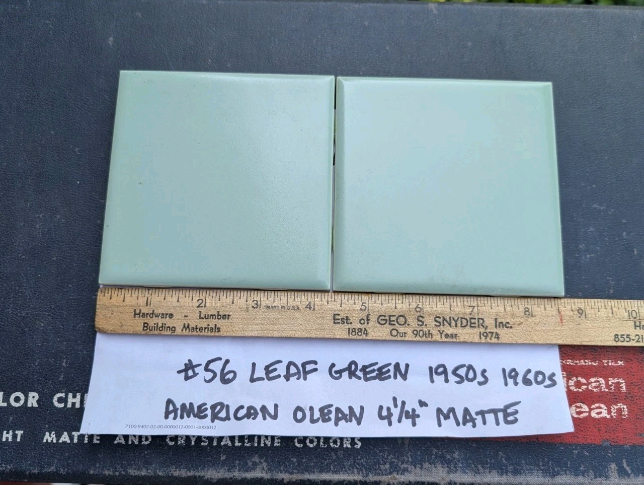 2 pieces 4-1/4″ Square Ceramic Tile #56 Leaf Green New American Olean Tile 1950s