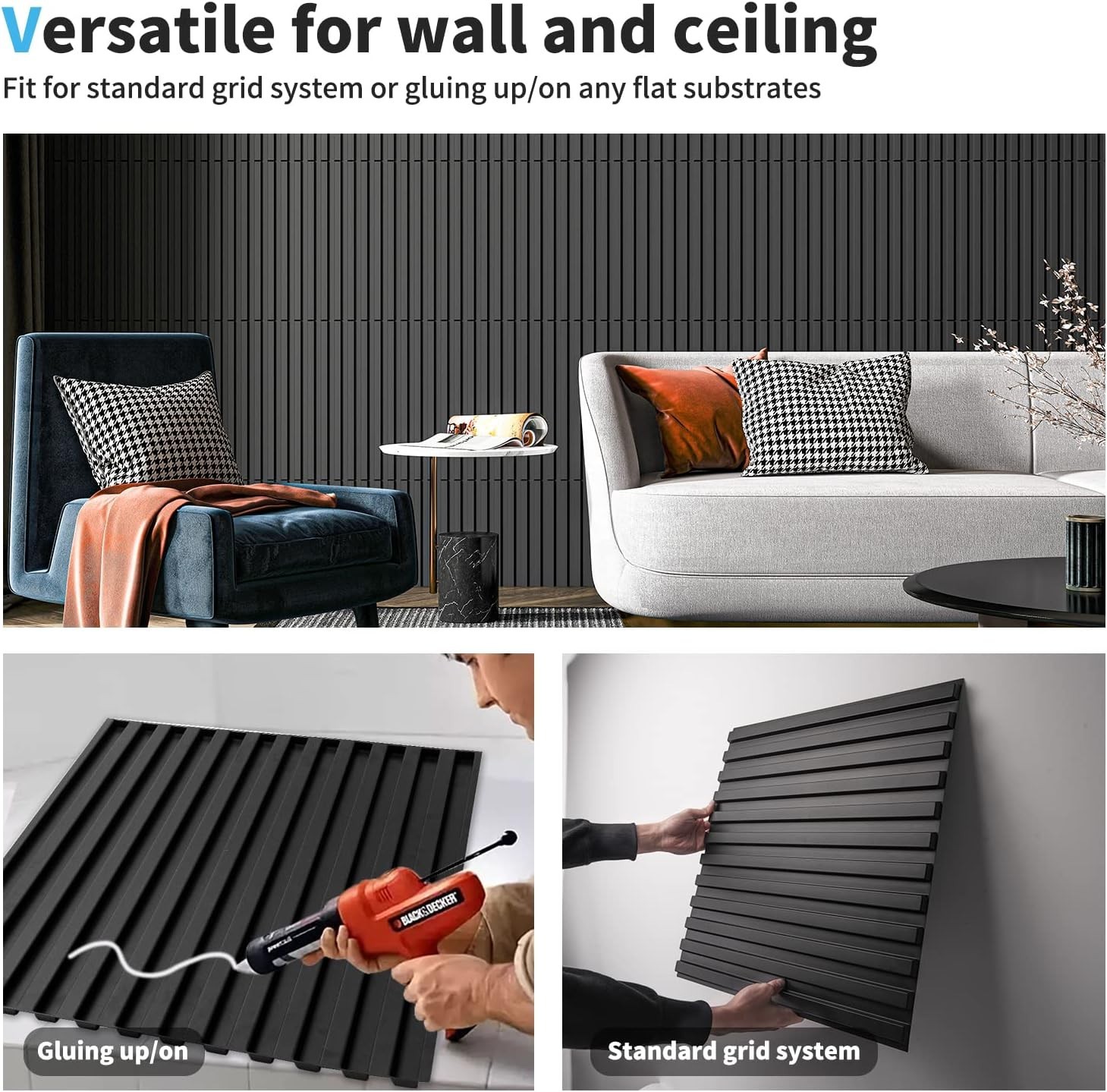 Art3d 12-Tiles Slat Wall Panel 3D Fluted Textured 19.7 x 19.7″ (32 sq ft) BLACK