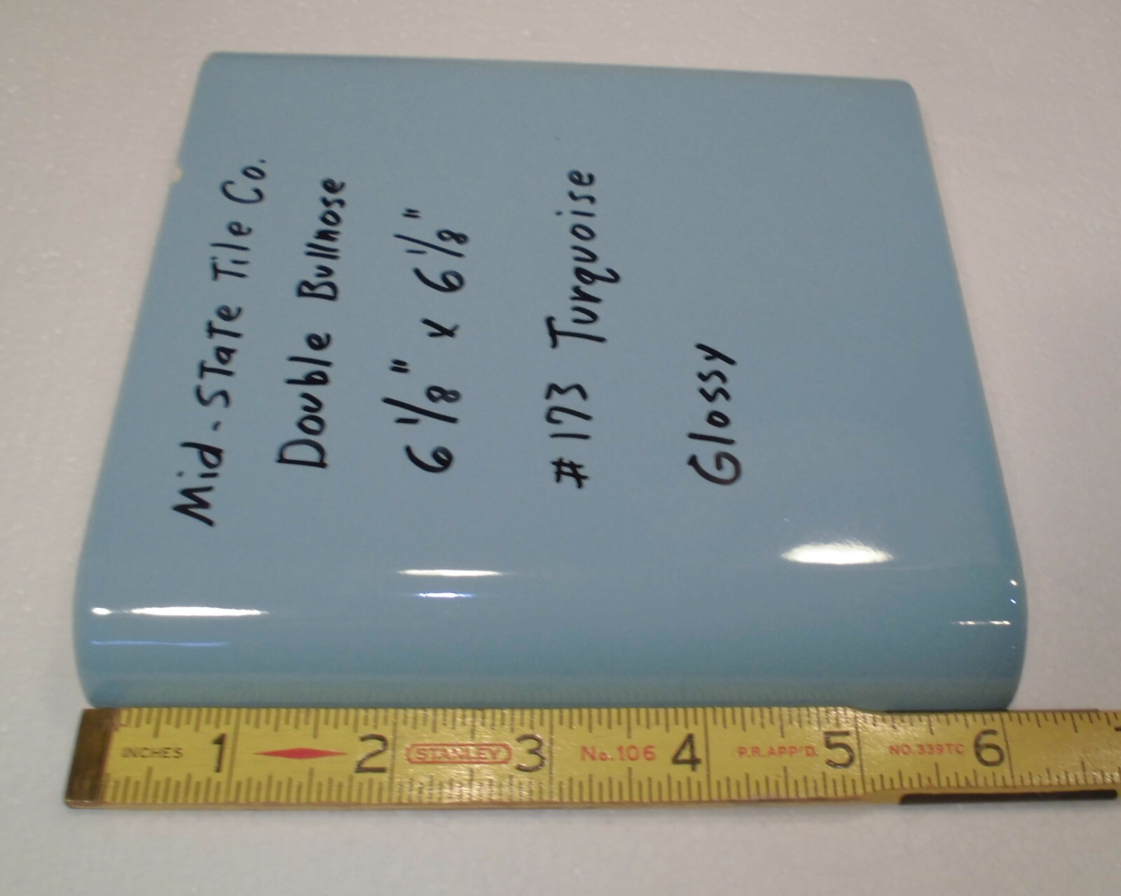 1 pc. Turquoise 6″ x 6″ Double Radius Bullnose Glossy Ceramic Tile: made 1950’s