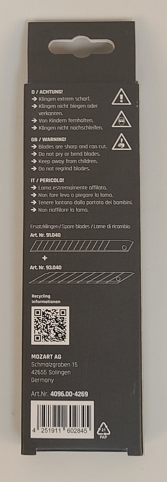 Mozart Solingen Snap Off Blade 9mm SLIM UTILITY KNIFE Razor Box Cutter 4096