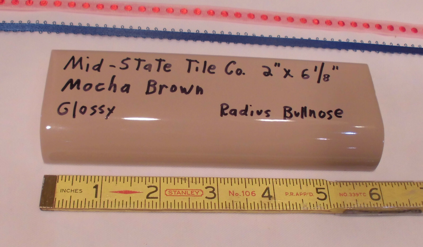 1pc. *Mocha – Brown* Glossy Ceramic Radius Mud Cap Bullnose Tile; by Mid-State