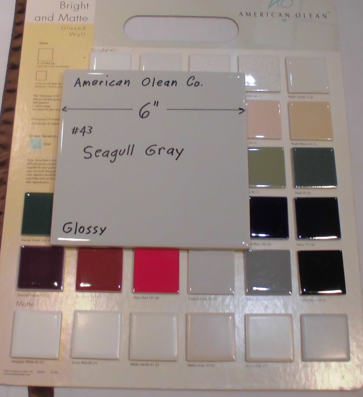 1 pc. Seagull Gray: 6″ X 6″ Glossy Ceramic Tile by American Olean Co. New Stock