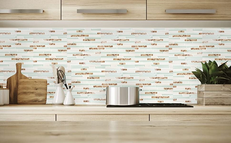 Glass Stone Mosaic Linear Wall Tile Beach Style House Coastal Backsplash