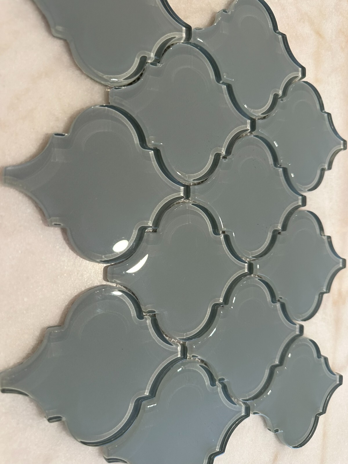 Gray Arabesque Glossy Glass Mosaic 9″x13″ Offset