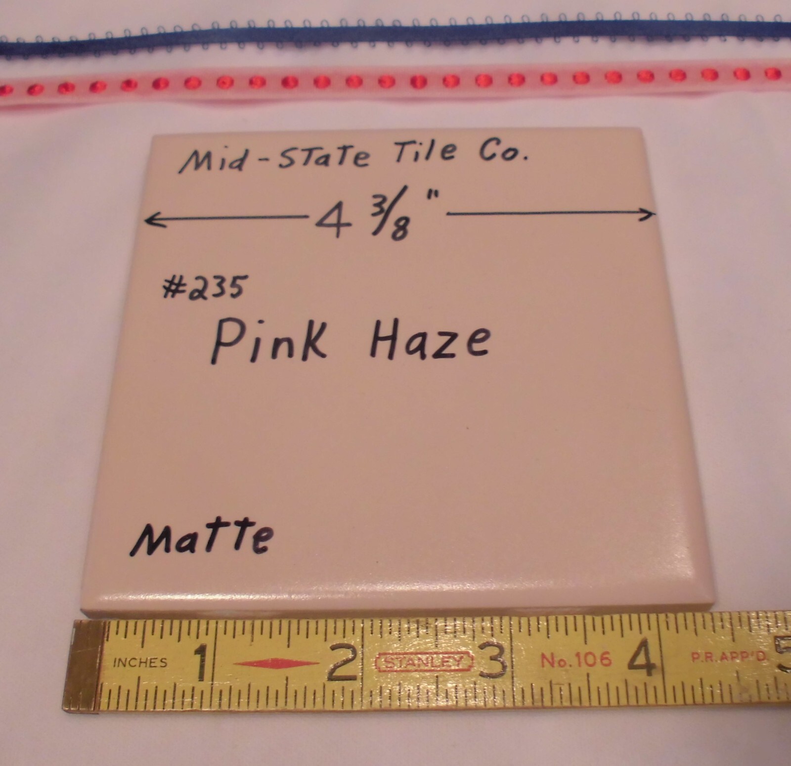 1 pc. Matte Pink Haze #235: Ceramic Tile 4-3/8″ by Mid-State Co. New Old Stock