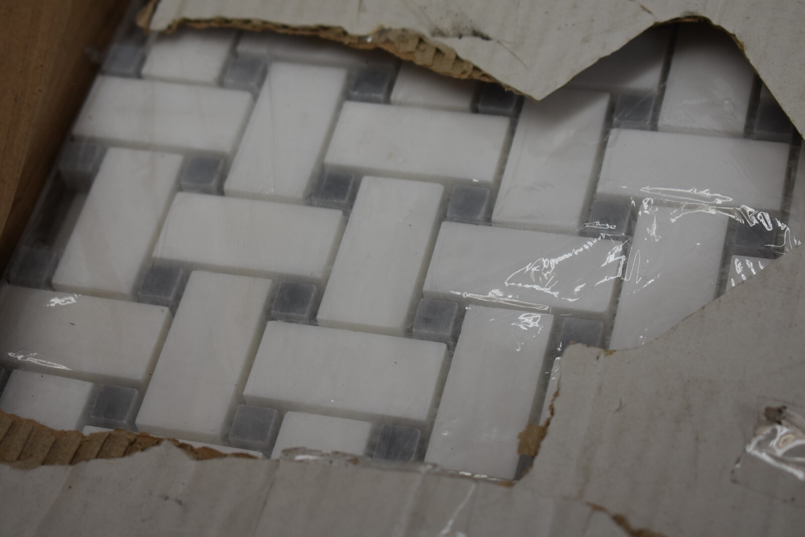 Bianco Dolomite Marble Basketweave Mosaic w/ Bardiglio Gray Dots Honed 5 Pack