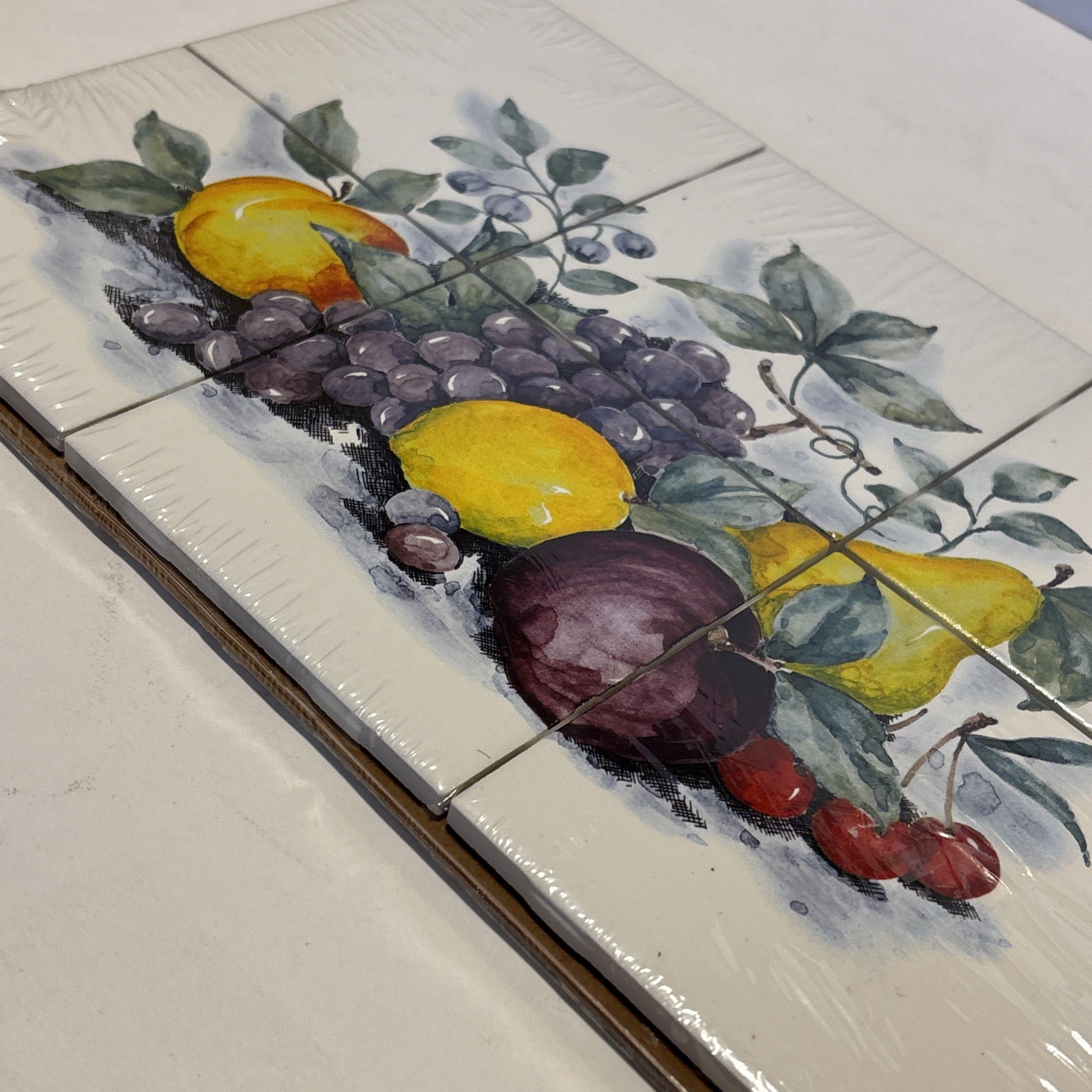Vintage 4.25” 6-Tile Ceramic Country Fruit Mural, still life new sealed T24004DM