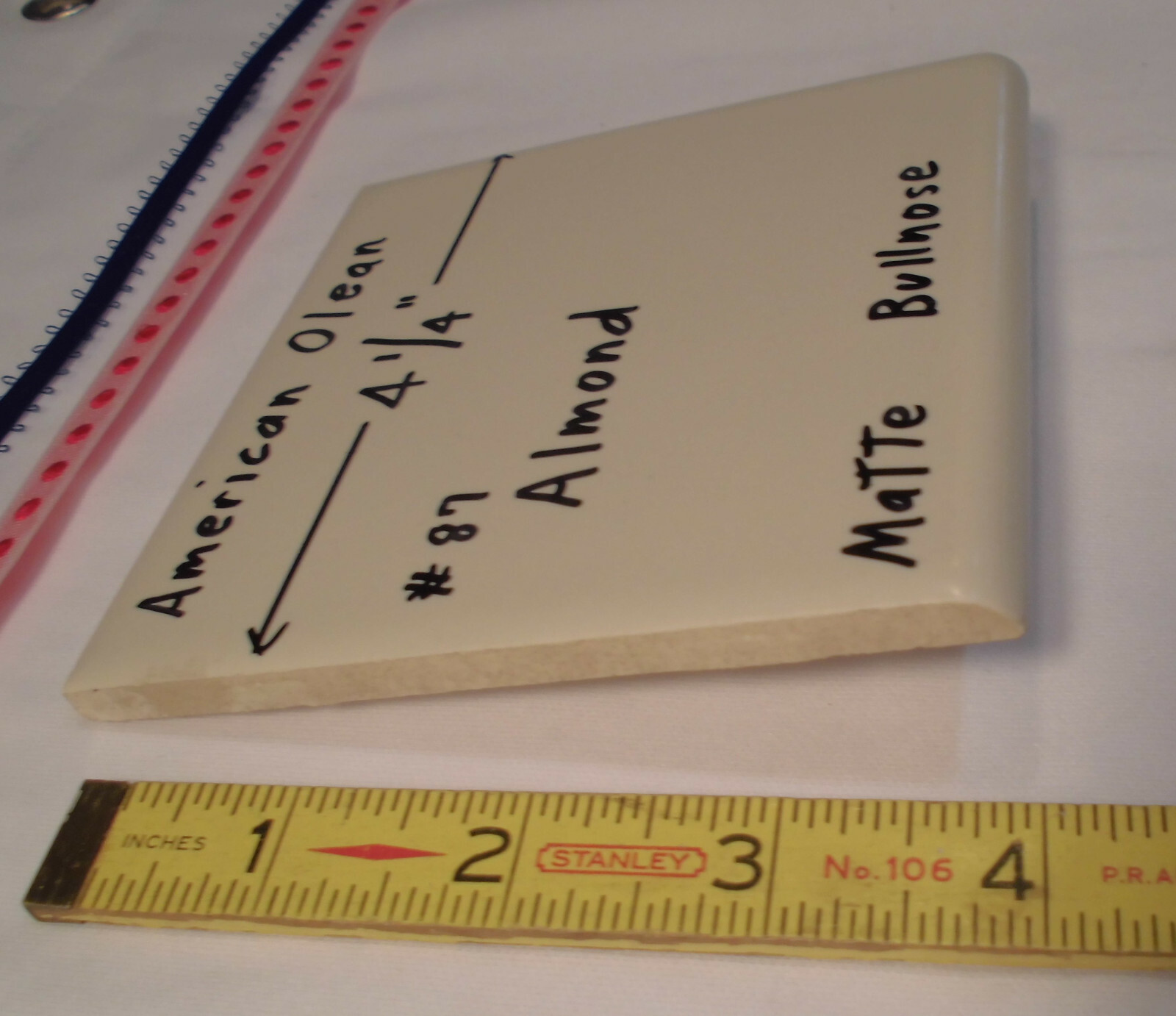 1 pc. *Matte Almond #87* Ceramic Tile Bullnose by American Olean 4-1/4″ New