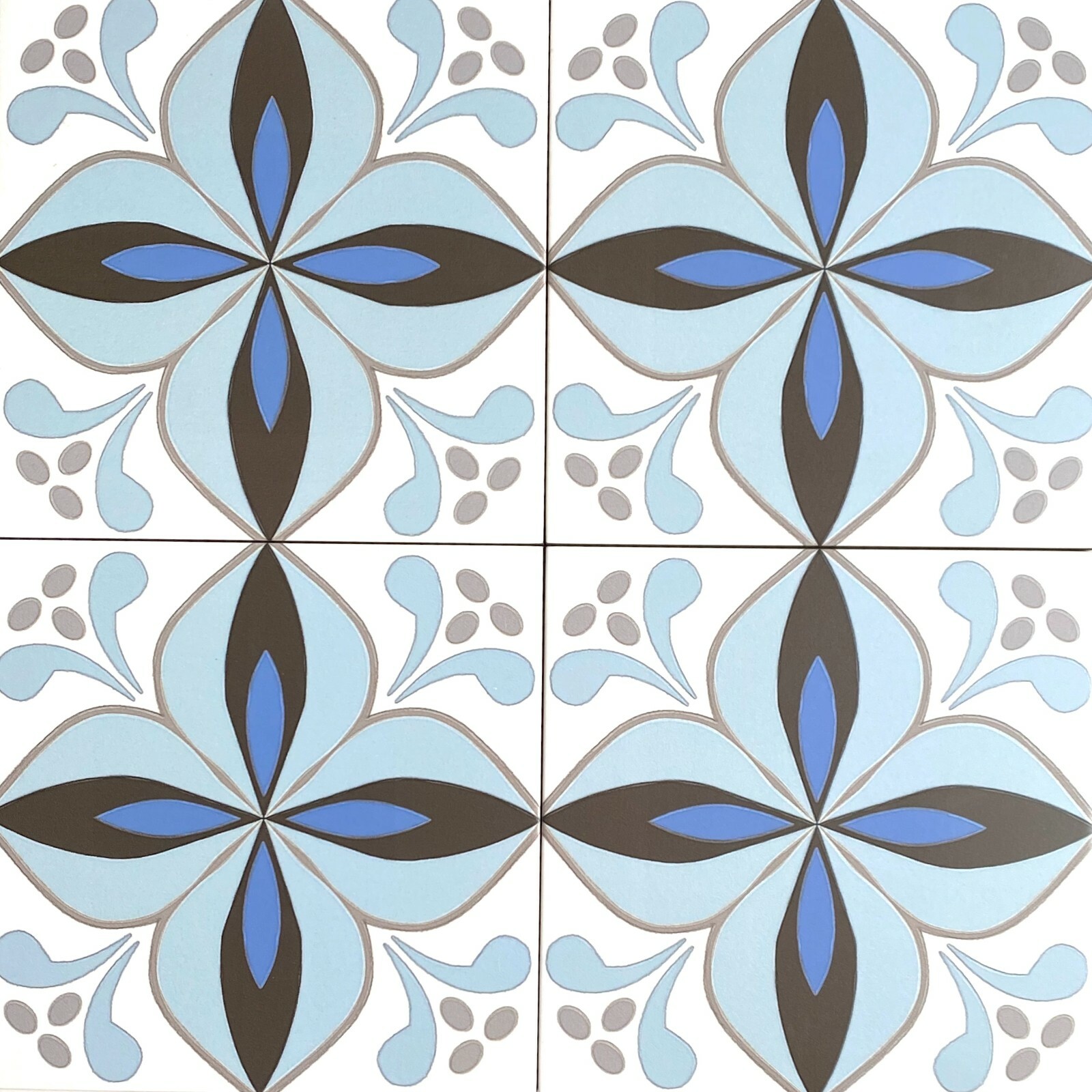 8.7×8.7 Cafe De Paris Larose Encaustic Pattern Aqua/Blue Ink Porcelain Tile 1pc