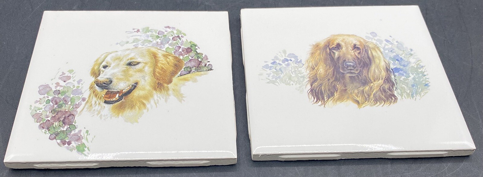 Pair Of Ceramic Dog 4 3/8″ x 4 3/8″ Decorative Tiles