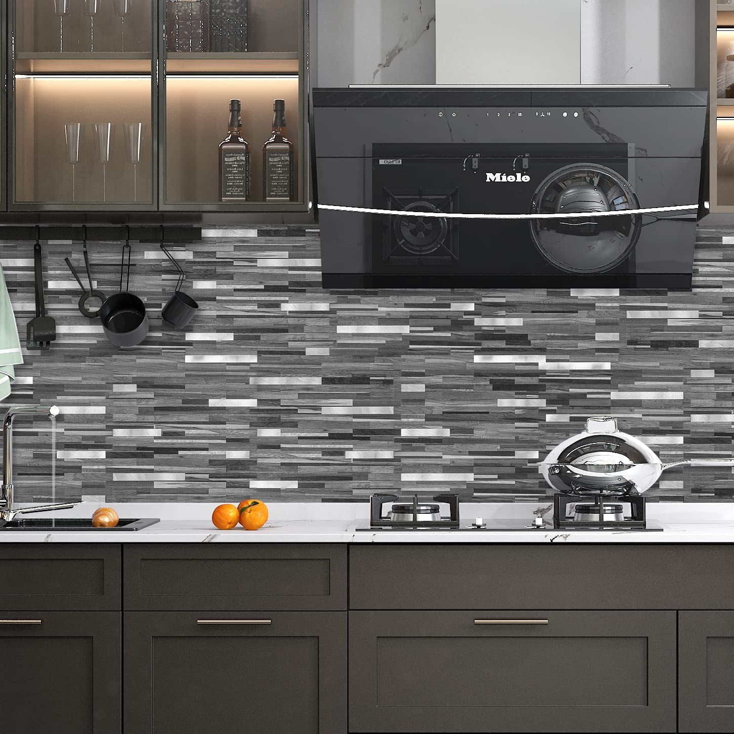 10-Sheet Peel and Stick Backsplash Tile, Black & Grey Wood Look PVC Mixed Met…