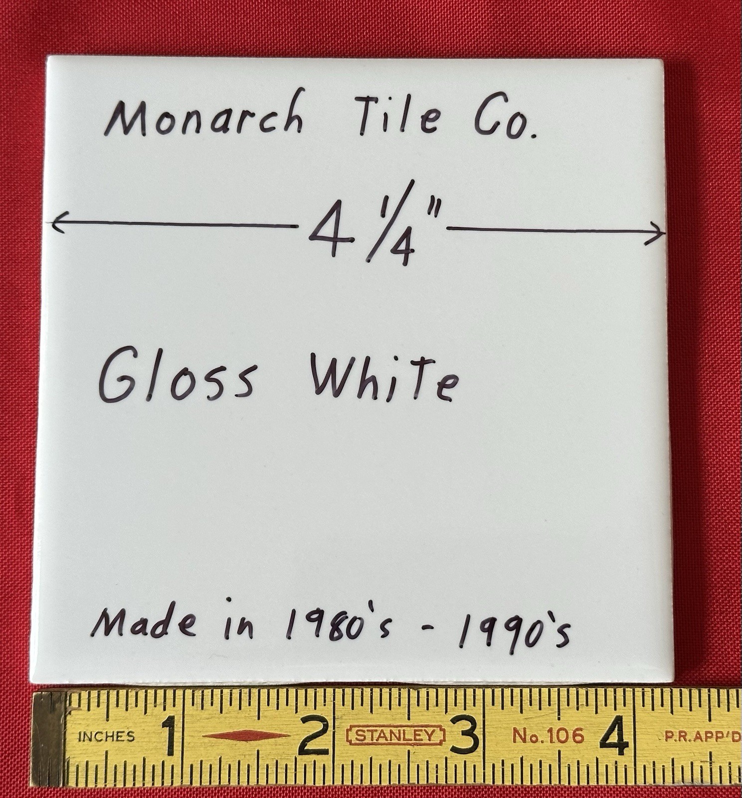 1 pc. Gloss – Bright – White: 4-1/4″ Ceramic Tile by Monarch Tile Co. USA, New