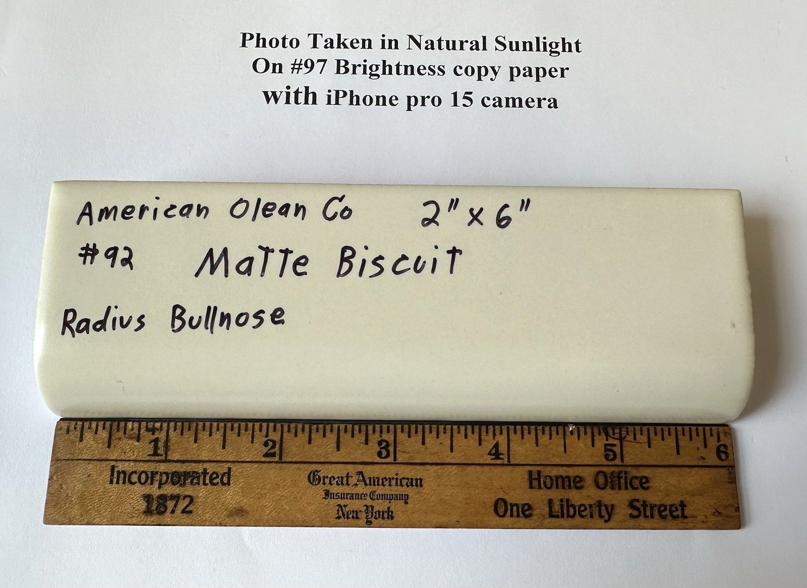 1 pc. Matte Biscuit: Ceramic Radius Bullnose Tile by American Olean Co. 2″ X 6″