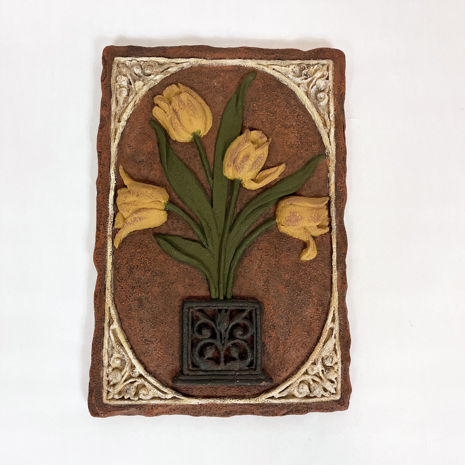 Vintage Hermitage 3-D Wall Tile Hand Painted Yellow Tulips With Border Heavy