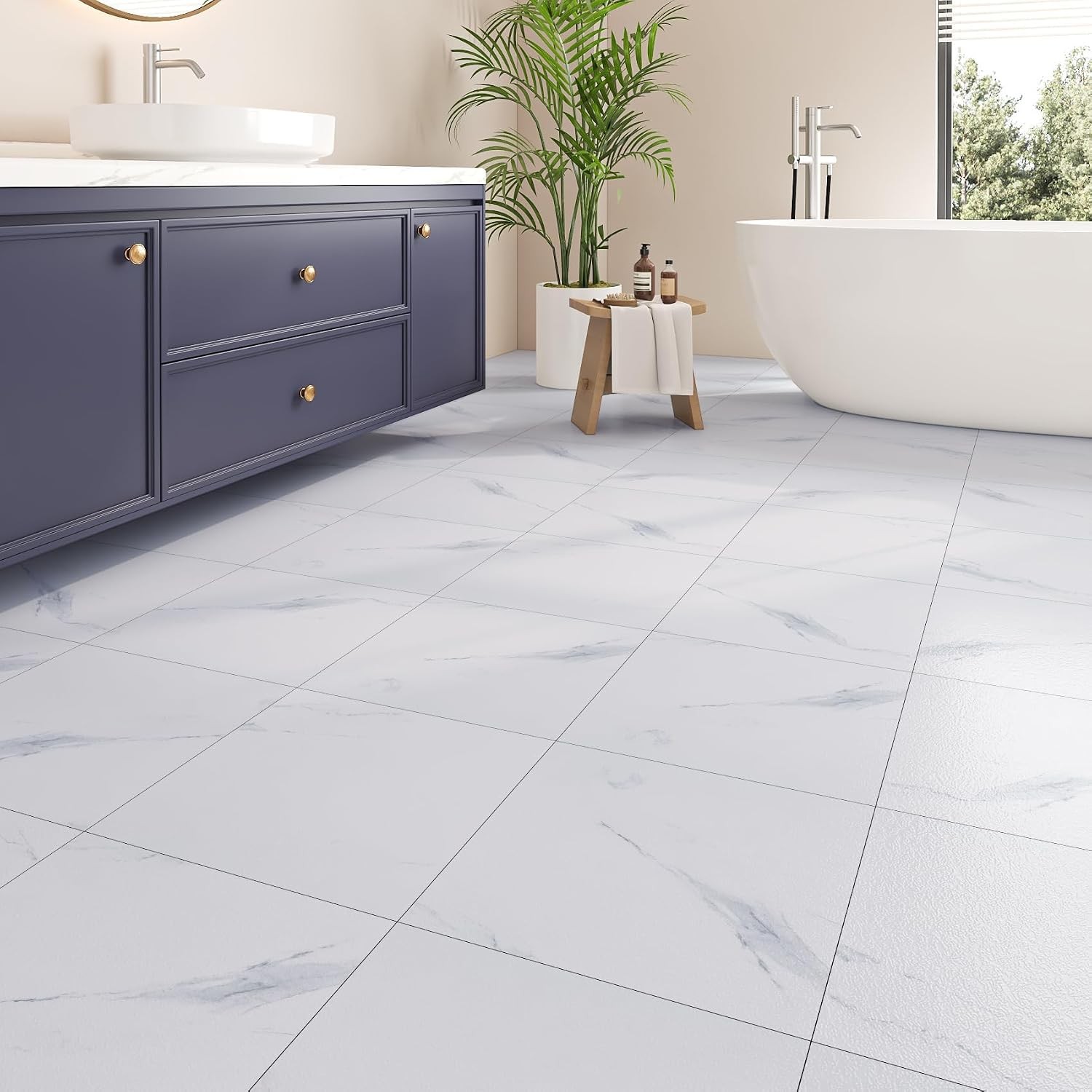 White Marble Peel and Stick Floor Tile 12in x 12in Waterproof Vinyl Flooring