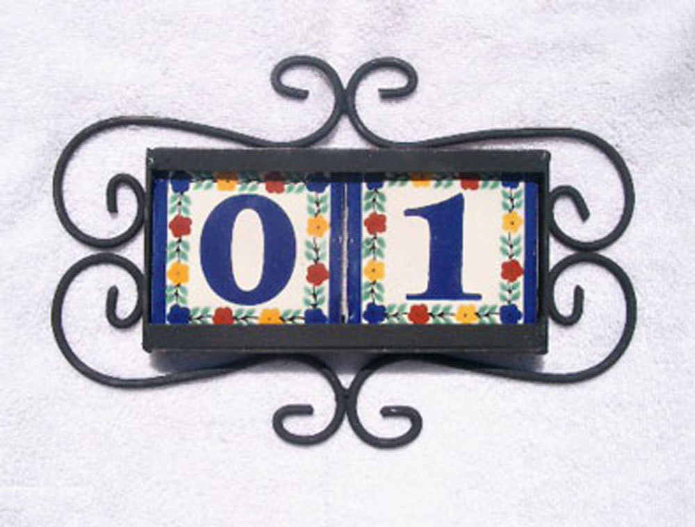 2 Mexican Tiles Talavera House Numbers & Horizontal Iron Frame