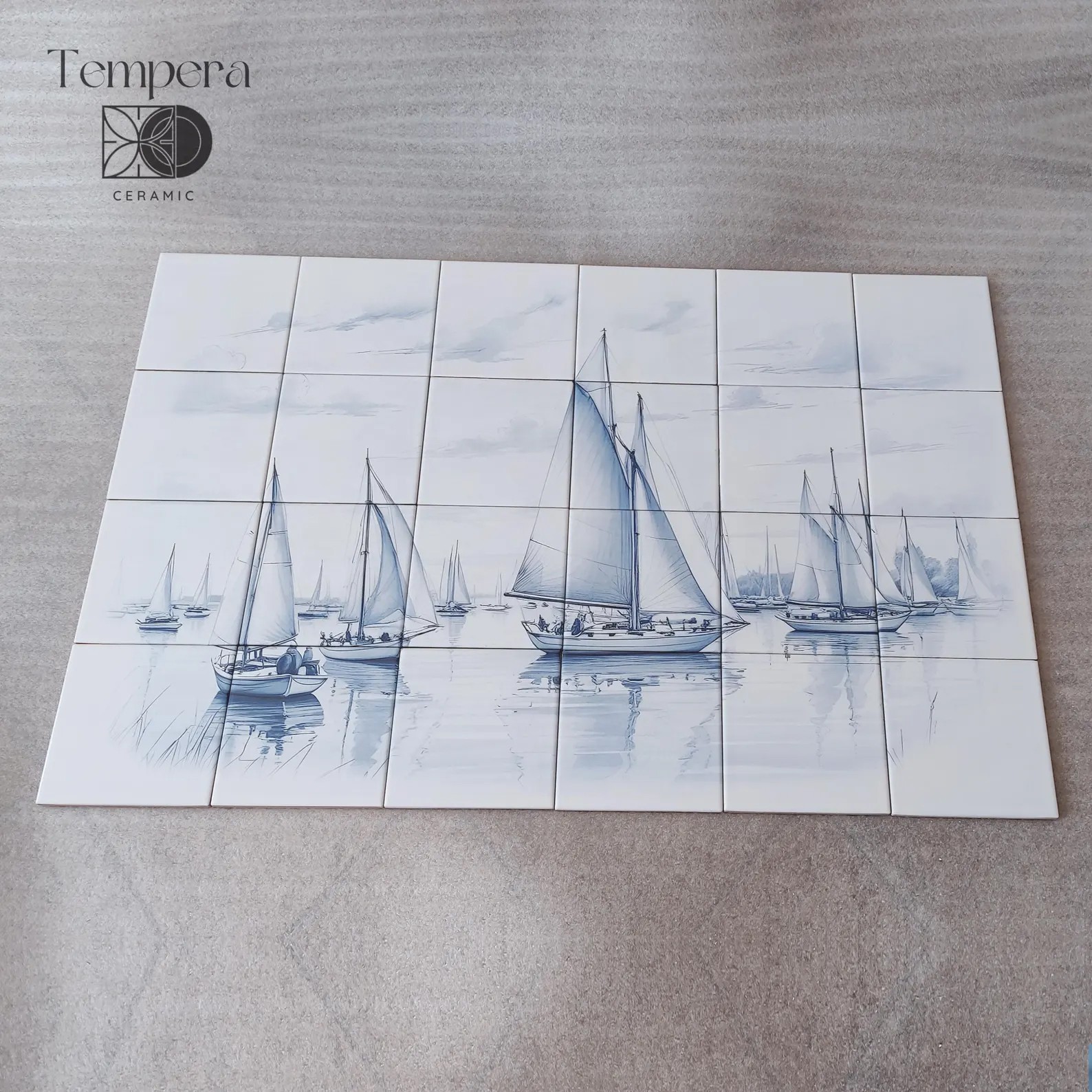 Sailboats scene tiles in delft style, nautical shower or kitchen back tiles