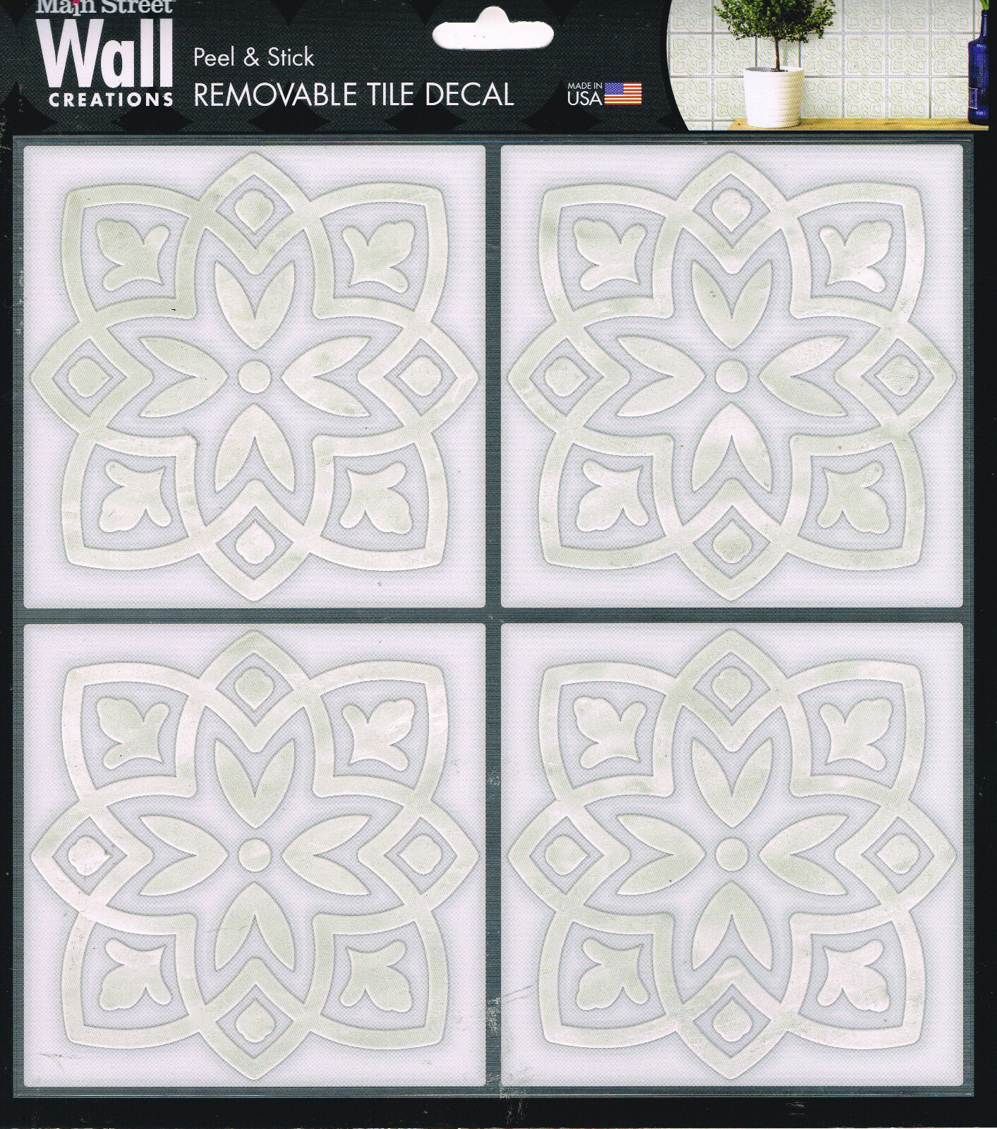 Peel Stick 8″x8″ Art Wall Tile Floral Gray White Marble Silver Made in USA