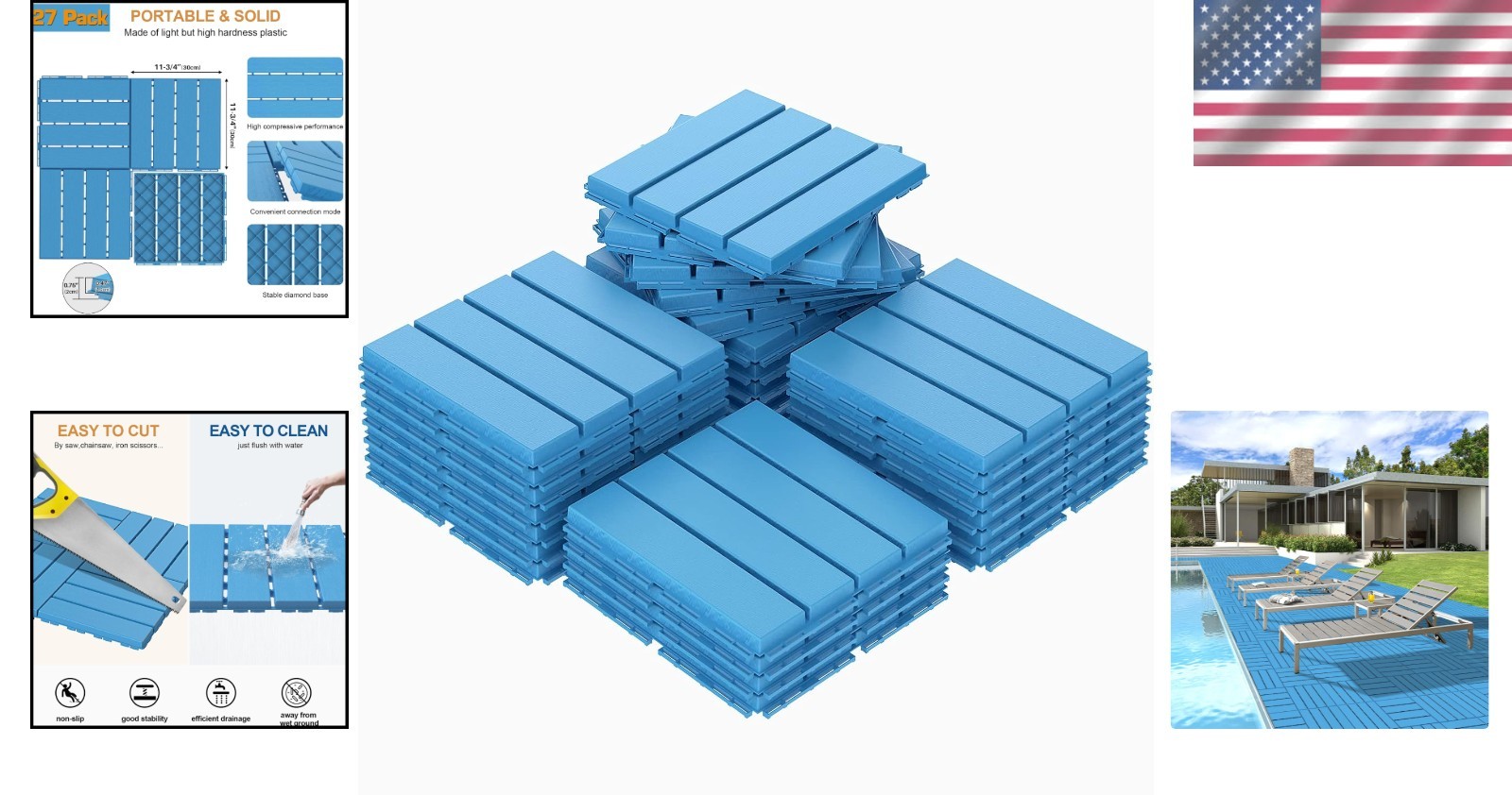 Durable Plastic Deck Tiles 27 Pack 12 Inch Dark Blue for Patio Poolside Backyard
