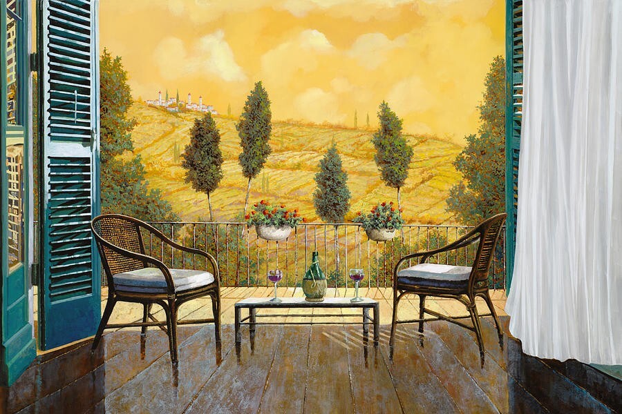 ceramic tile mural backsplash. Tuscany terrace Landscape view with glass of wine
