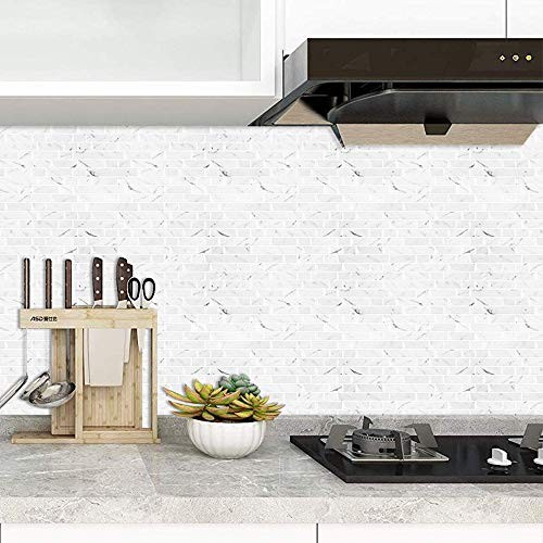 -Sheet White Marble Look Peel & Stick Backsplash, 12”X12” Stick 10 Marble White