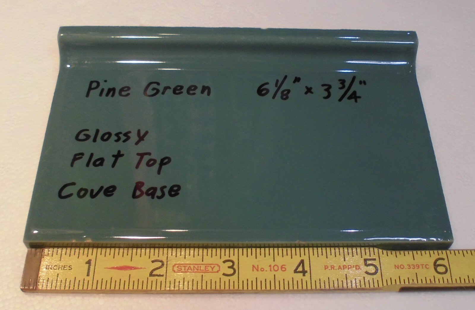 1 pc. Pine Green: 3-3/4″ X 6-1/8″ Ceramic Cove Base Tile, Stack-on-Top, Flat Top