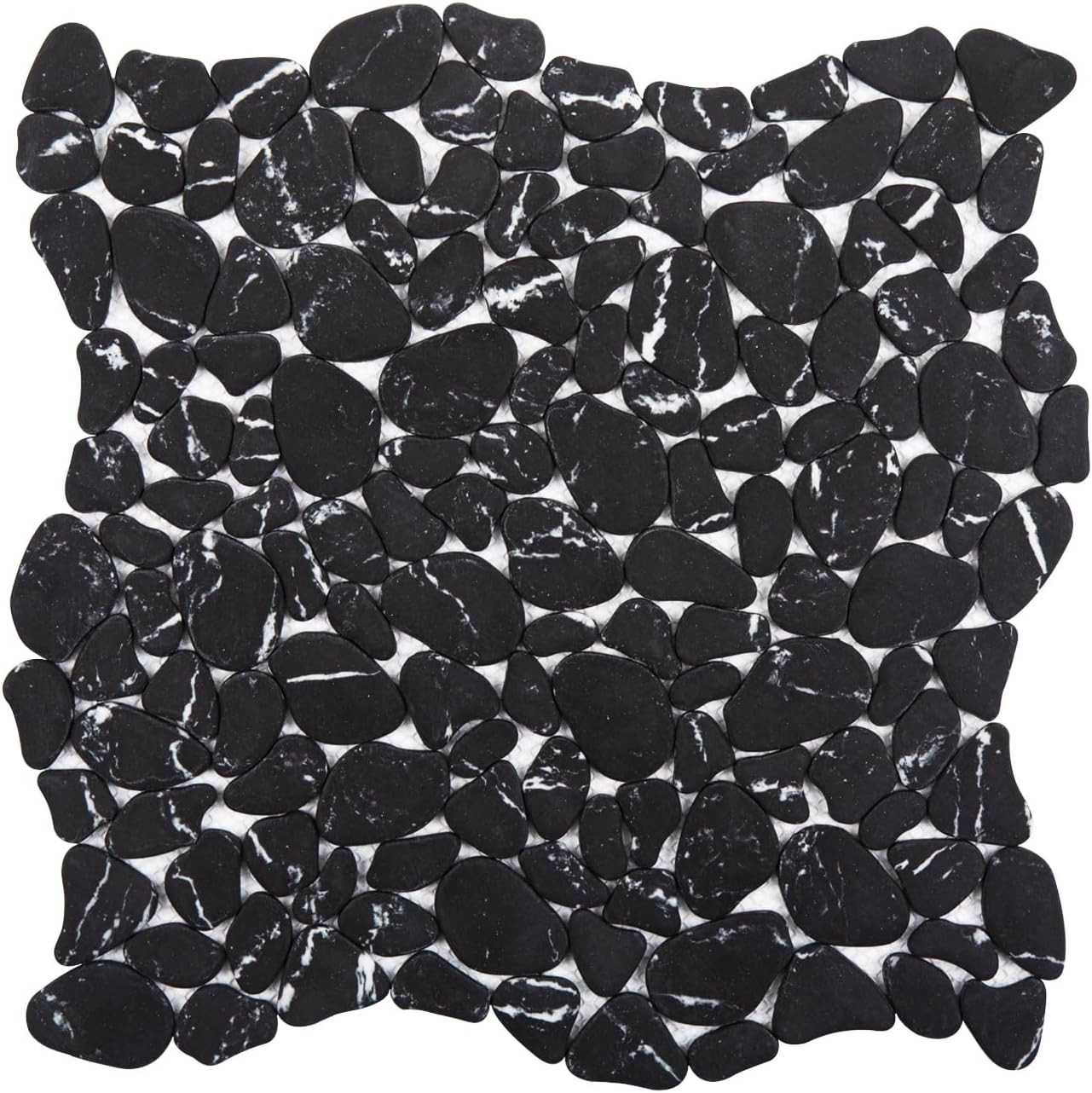 Pebble Tile for Shower Floor, Black Marble Veins Oval, 10 Sheets Pebble Mosaic B