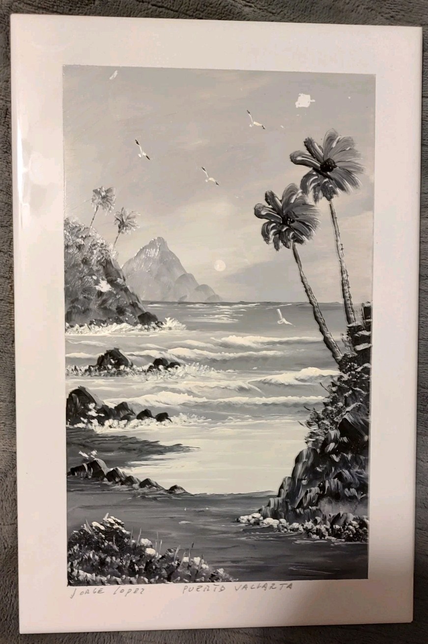 2 Signed art Tiles w/Beach Painting 11 3/4″ x 8″ and 8″ square by Jorge Coper