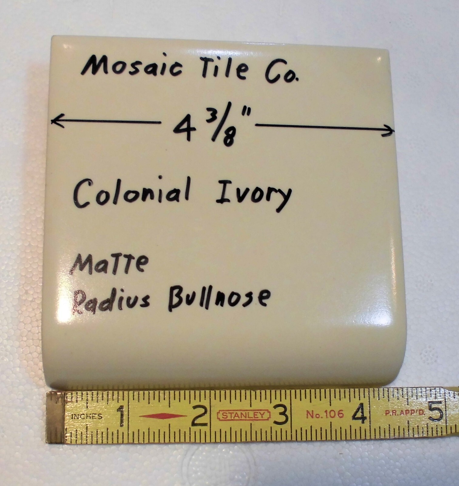 1 pc. Colonial Ivory: Radius Bullnose Matte Ceramic Tile 4-3/8″ by Mosaic Co.