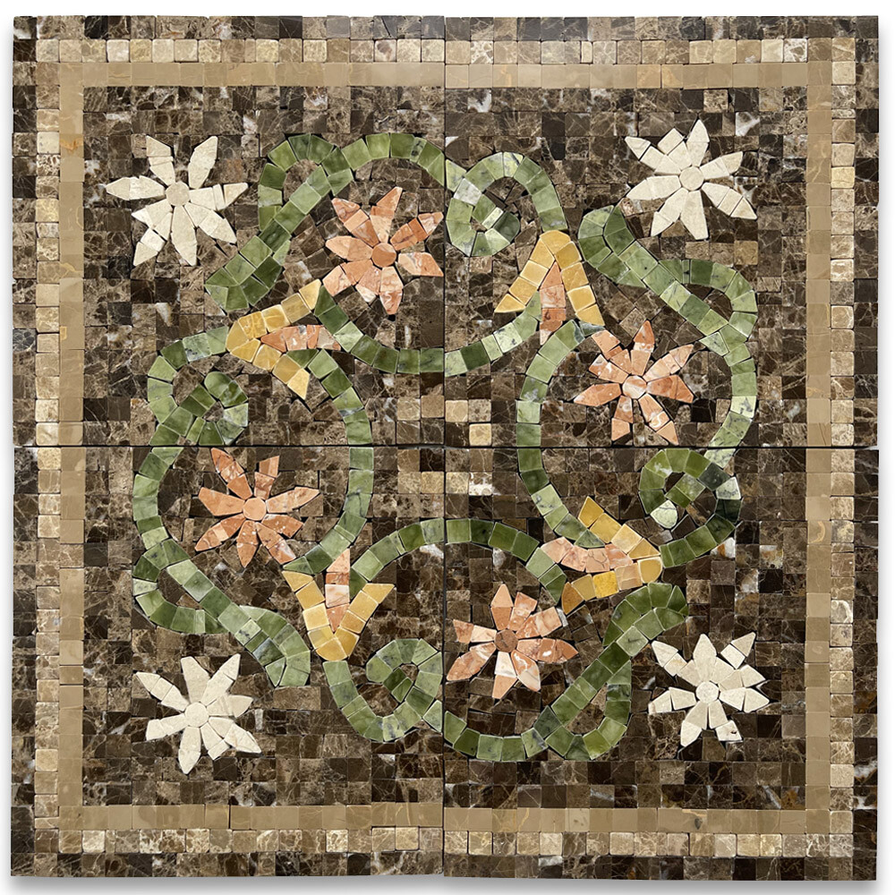B0076CP Marble Mosaic Border Accent Tile Blossom Emperador 7.1×7.1 Polished