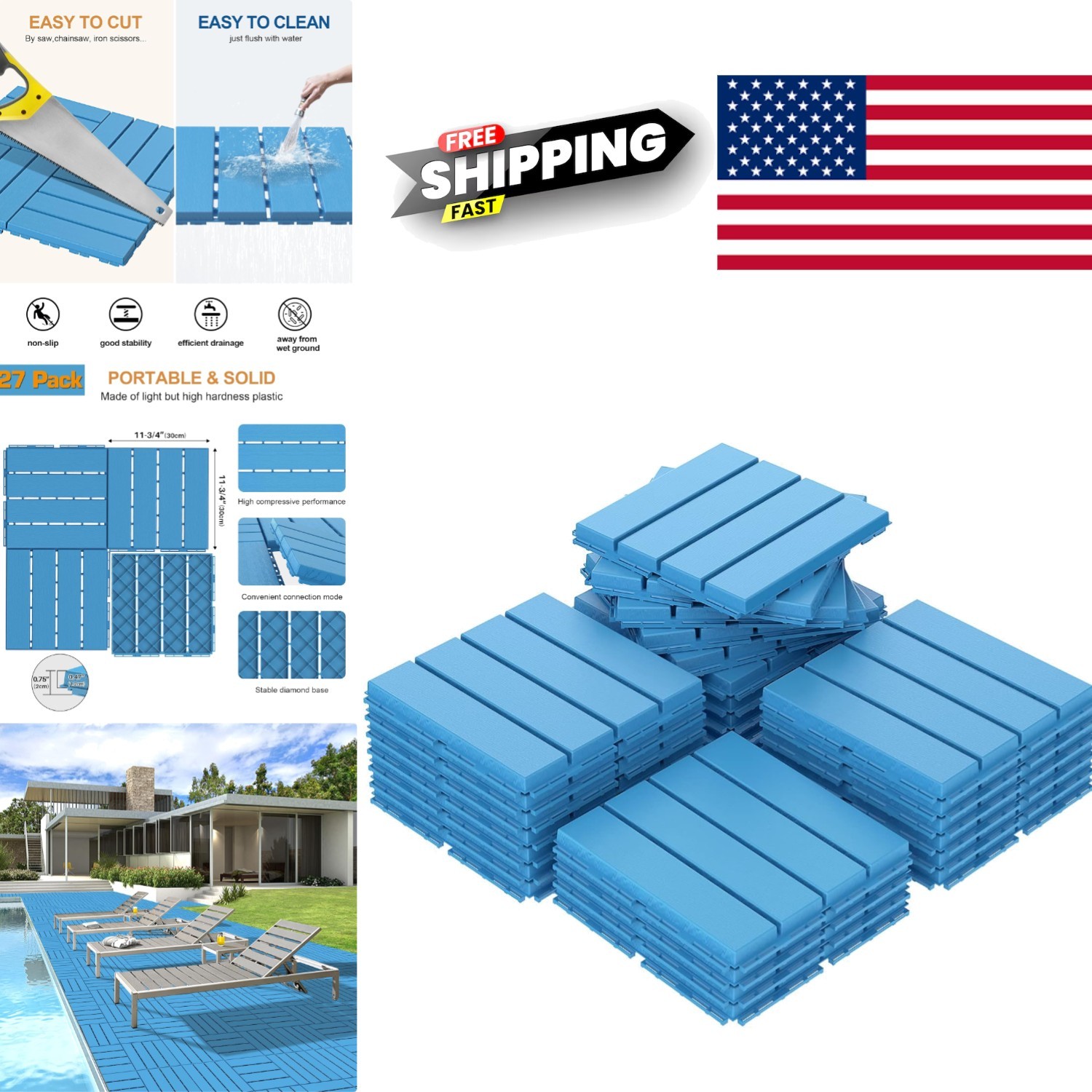 Durable Plastic Deck Tiles 27 Pack 12 Inch Dark Blue for Patio Poolside Backyard