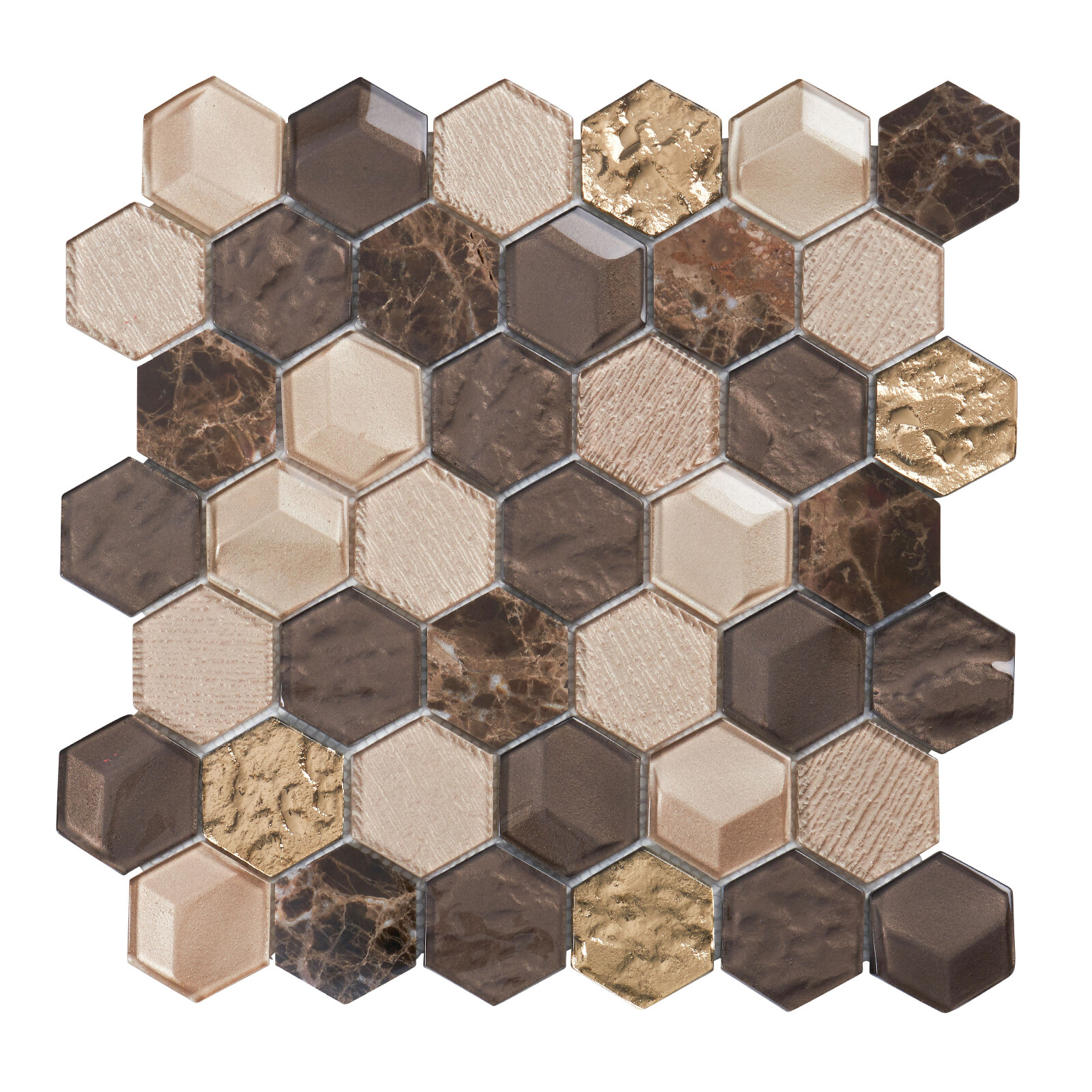Hexagon Emperador Marble Metallic Brown Gold Beige Glass Mosaic Tile Backsplash