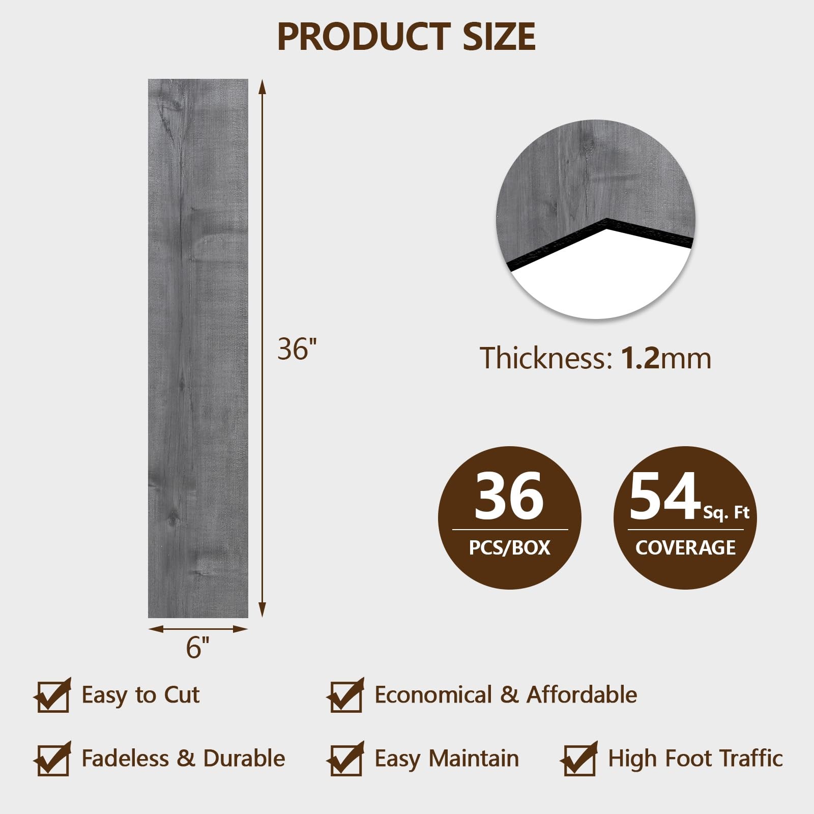 Peel and Stick Floor Tile, 36-Pack 36″x 6″ Smoke Grey Wood Grain Sticky Tiles…