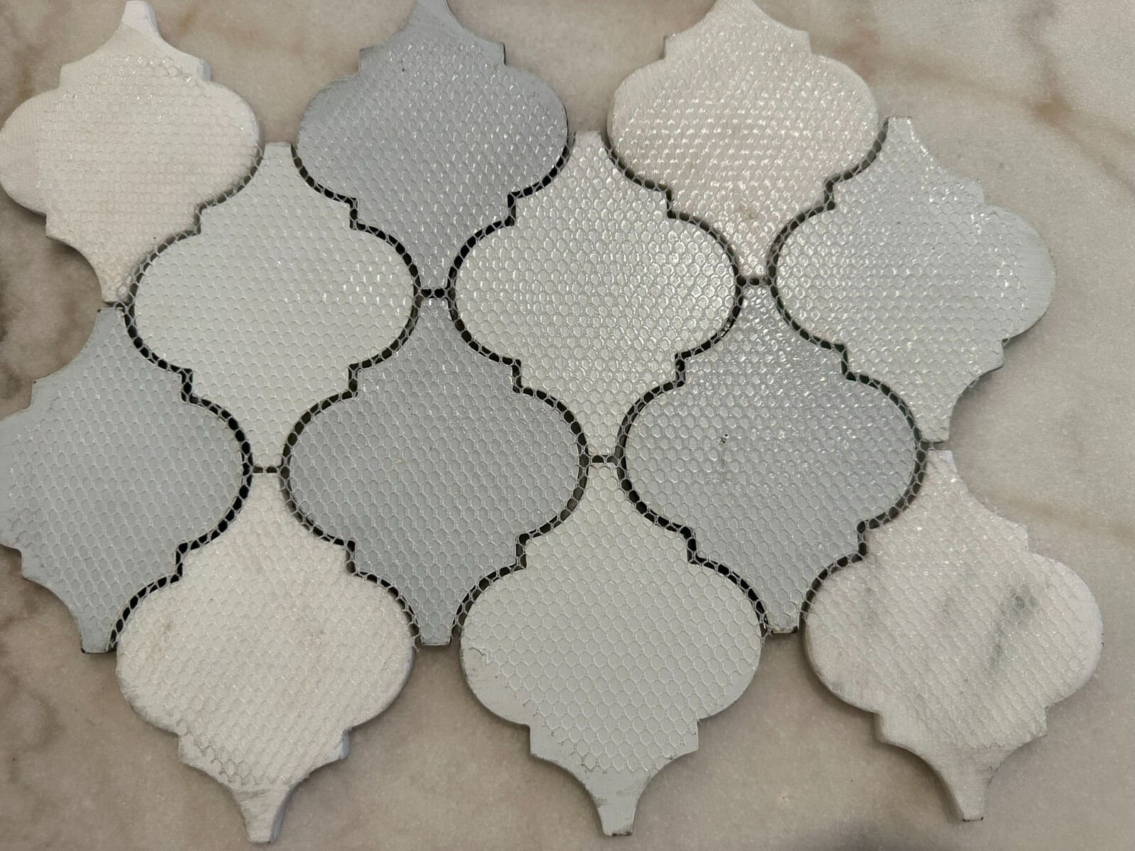 Gray Arabesque Glossy Glass Mosaic 9″x13″ Offset