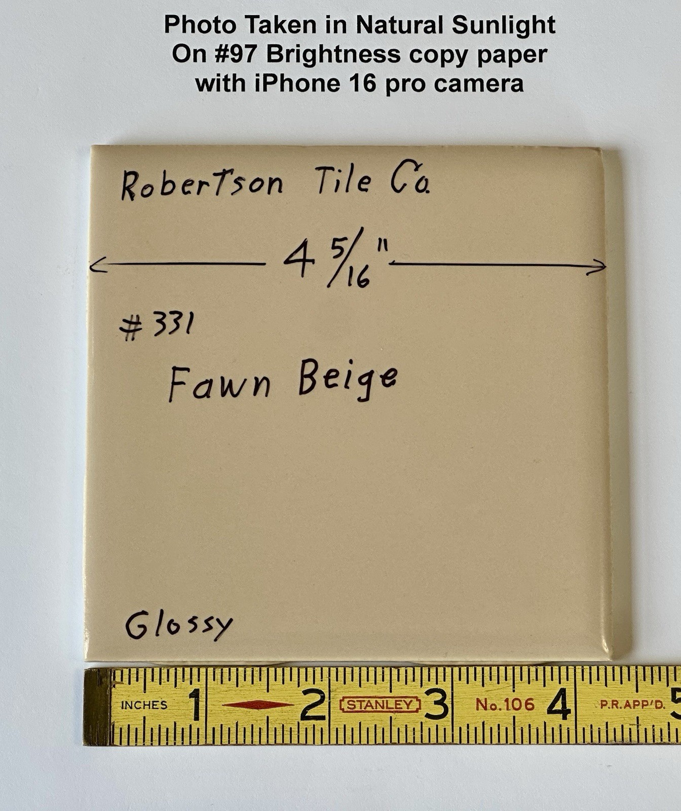 1 pc. Fawn Beige: 4-5/16″ Glossy Ceramic Tile, by Robertson Tile Co. light brown