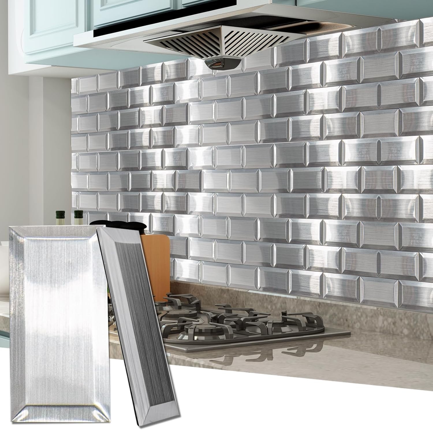 Modern Stainless Stick-On Subway Tiles, 100-Pcs, 3D Texture//