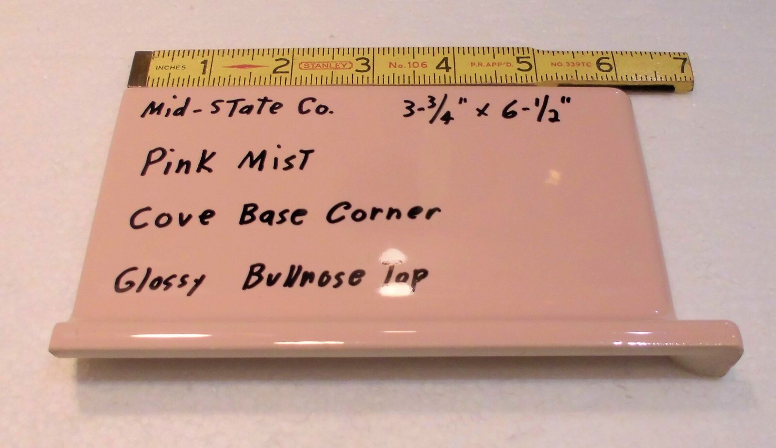 1 pc. *Pink Mist* Finish Corner Bullnose Top cove/base Ceramic Tile 3.75″ X 6.5″