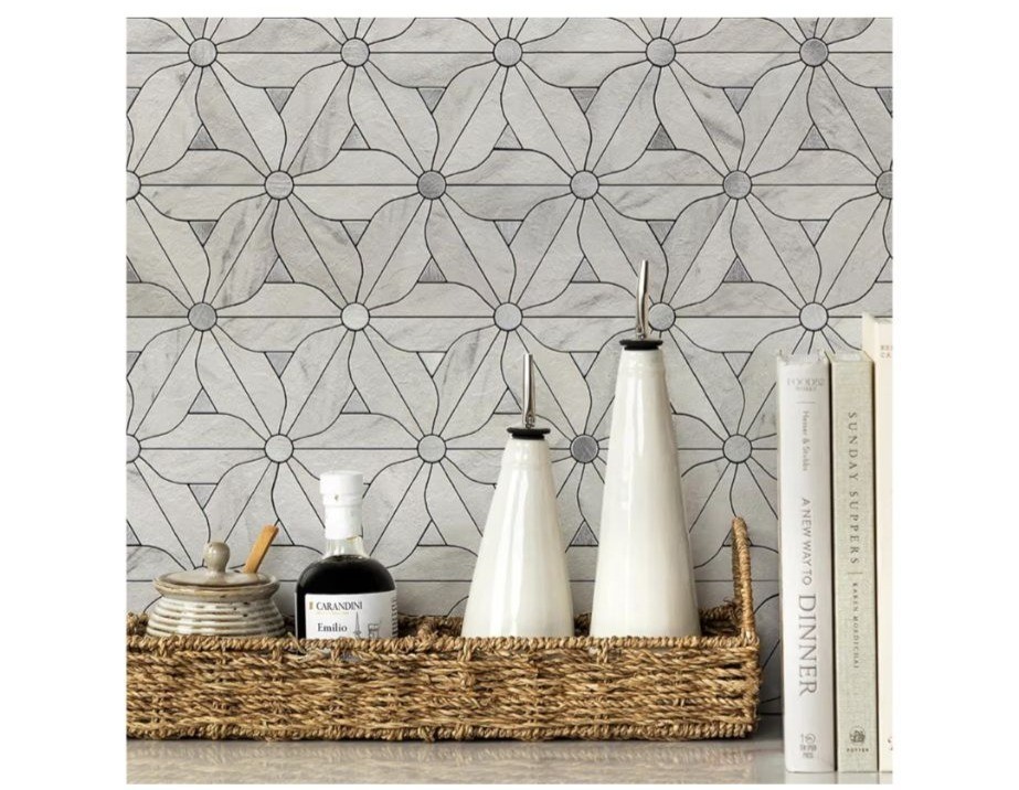 10 Sheets 12″x 12″ Peel & Stick Backsplash White PVC Silver Geo Flower Tiles