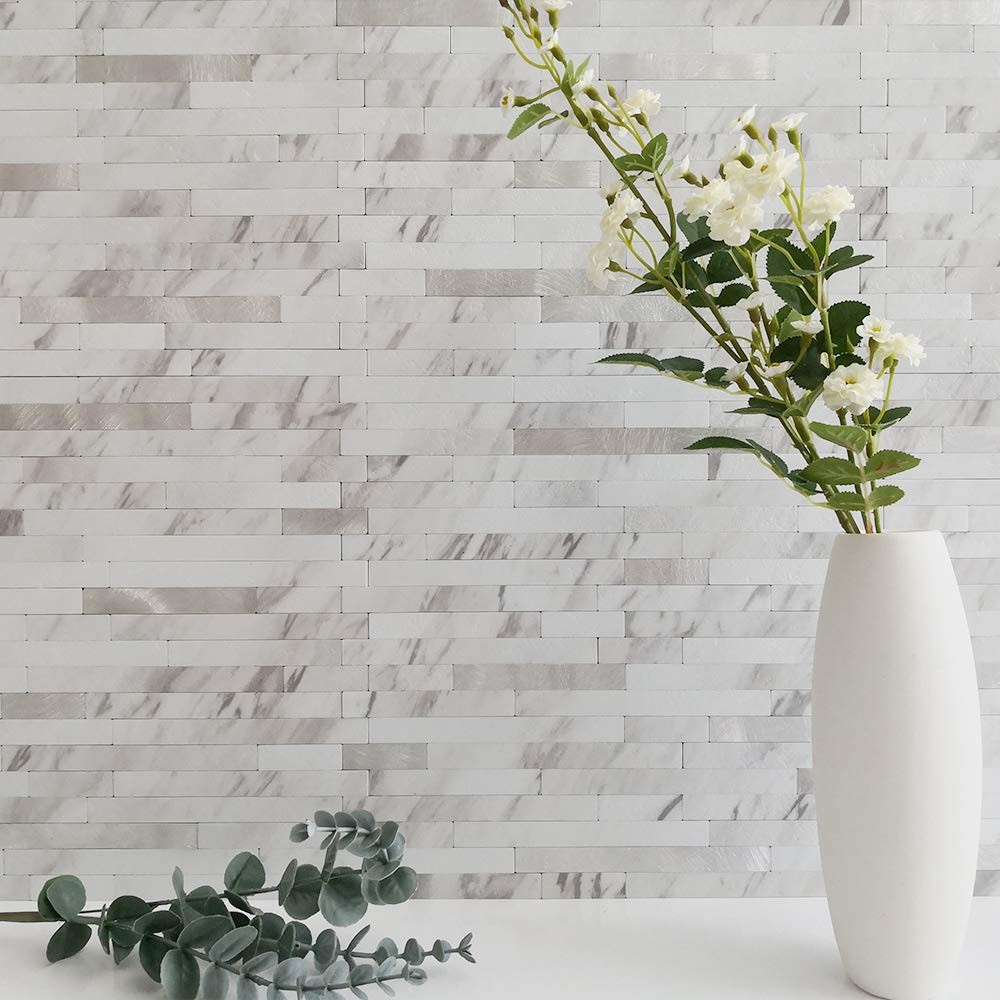 10-Sheet Peel and Stick Backsplash Tile, Faux White Marble Look PVC Mixed Met…