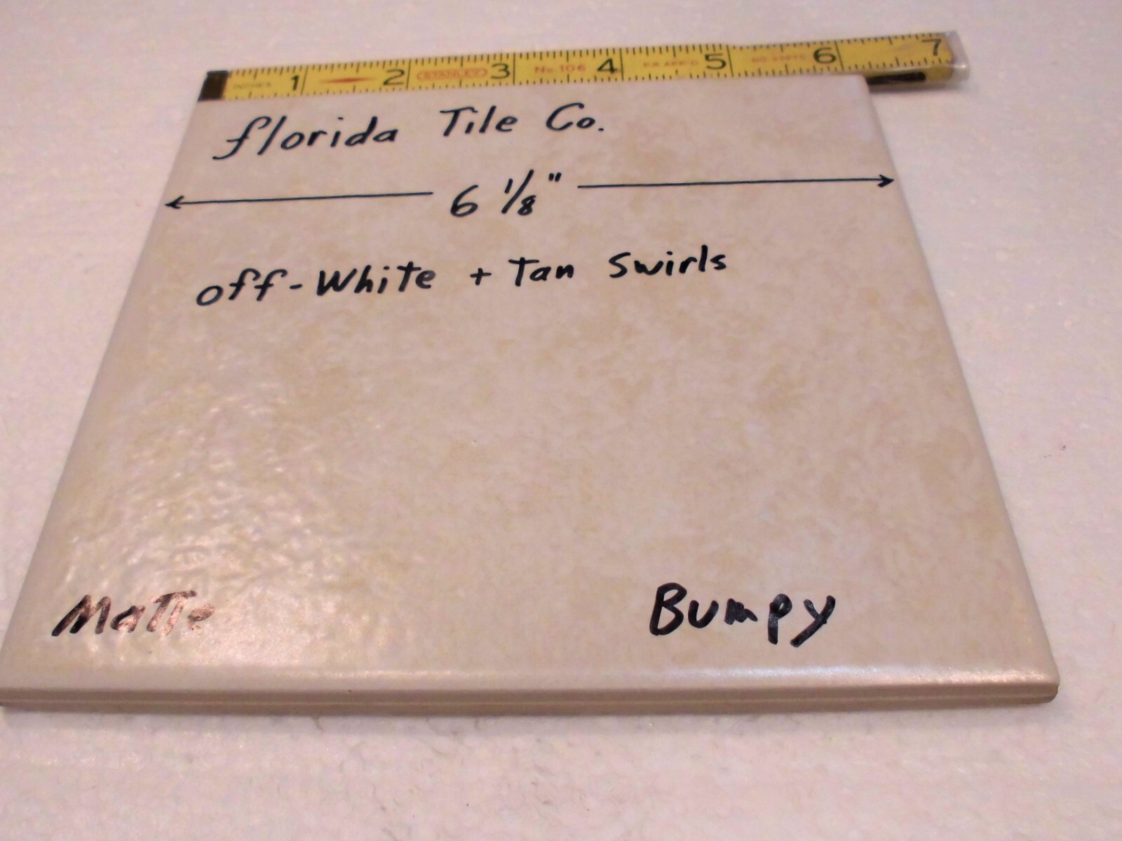 1 pc. Off-White +Tan Swirls: 6-1/8″ Square; Matte Ceramic Tile, by Florida, NOS