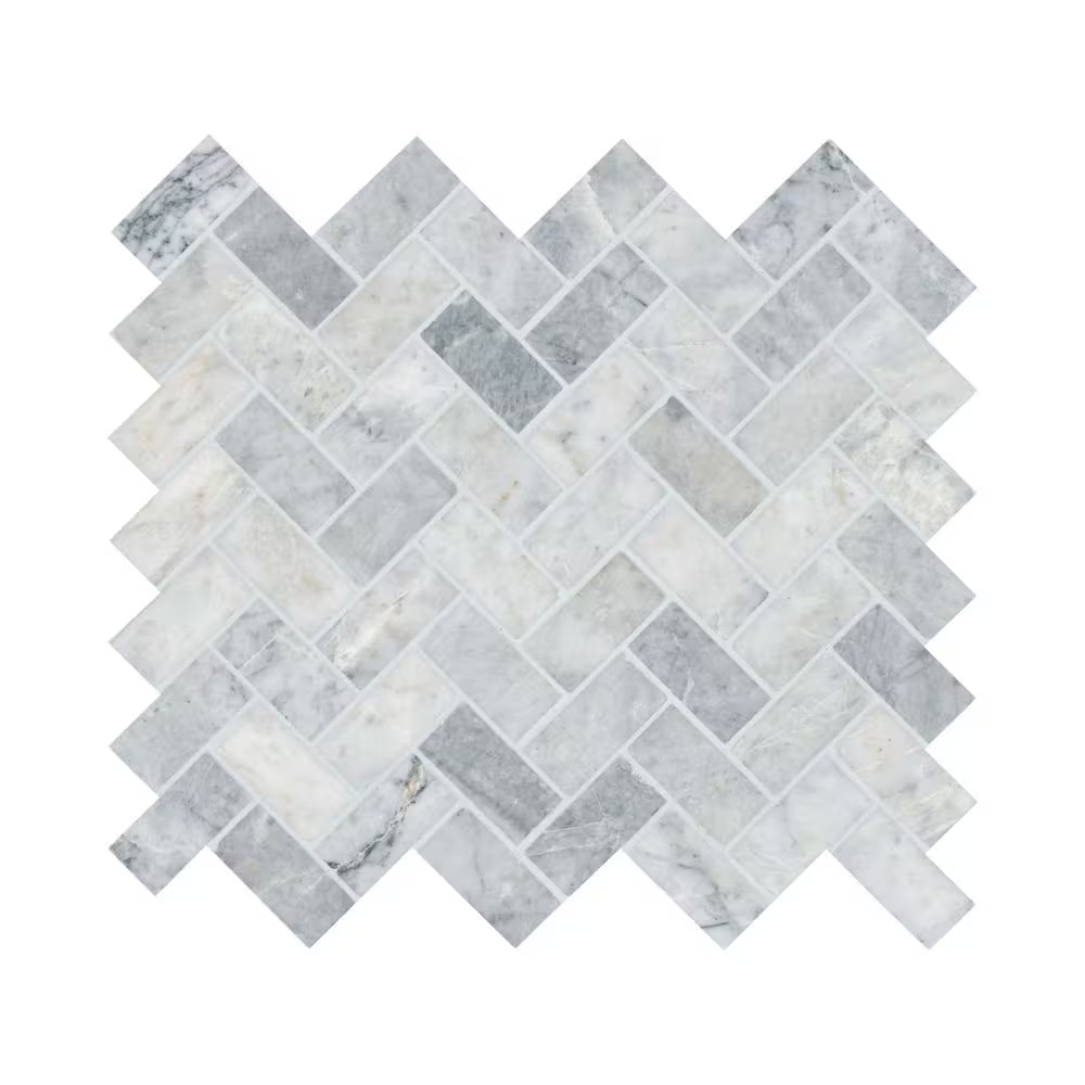 Capri Blue Herringbone 12 In. X 12 In. X 0.38 In. Honed Marble Mesh-Mounted Mosa