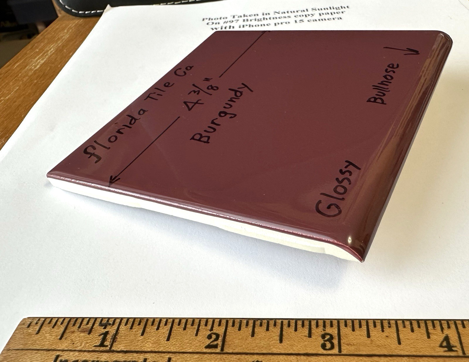 1 pc. Burgundy: 4-3/8″ Bullnose: Glossy Ceramic Tile by Florida Co. #1084 NEW