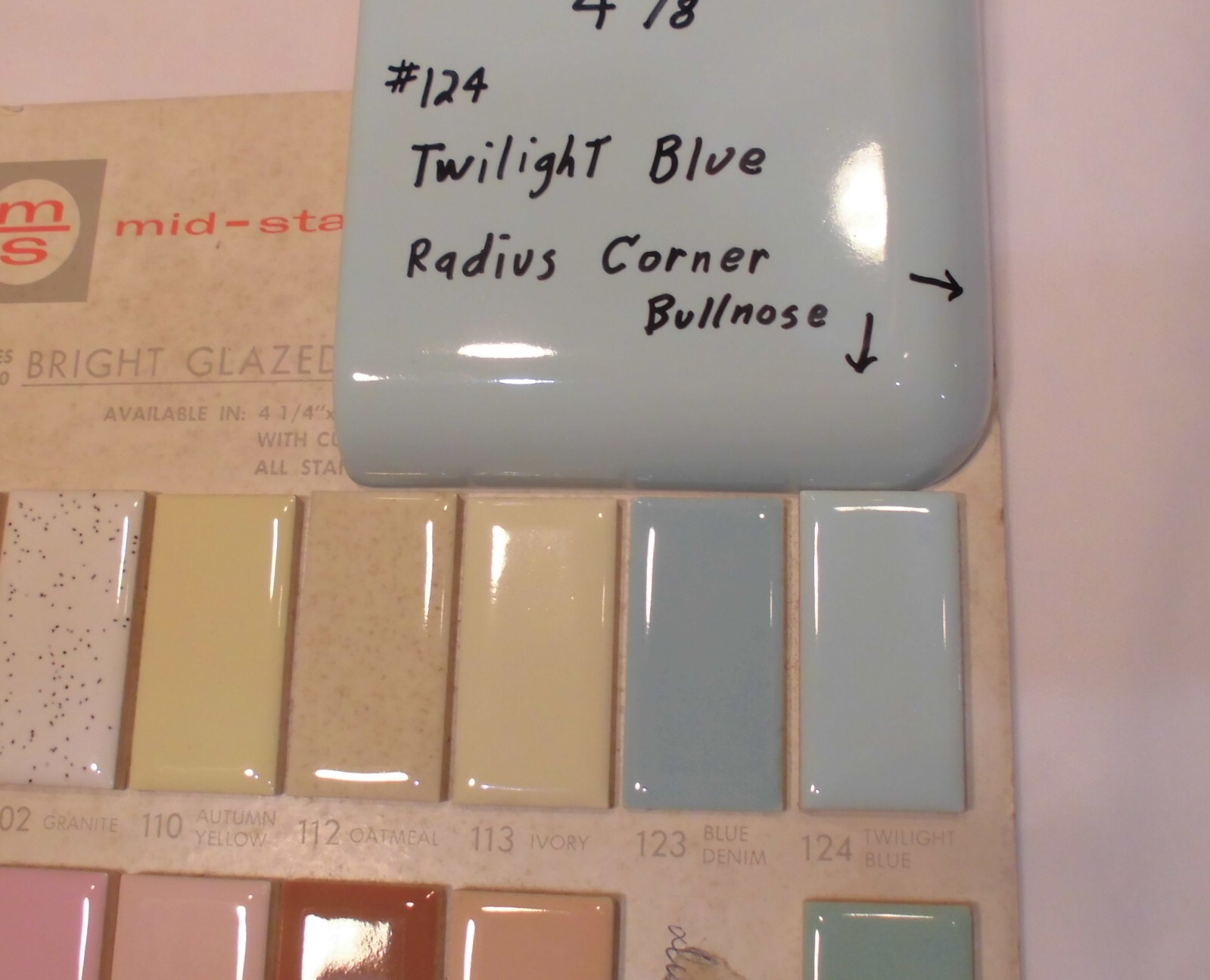 1 pc. Corner Bullnose; Twilight Blue Glossy Ceramic Tile; Mid-State 4-3/8″ Mudd