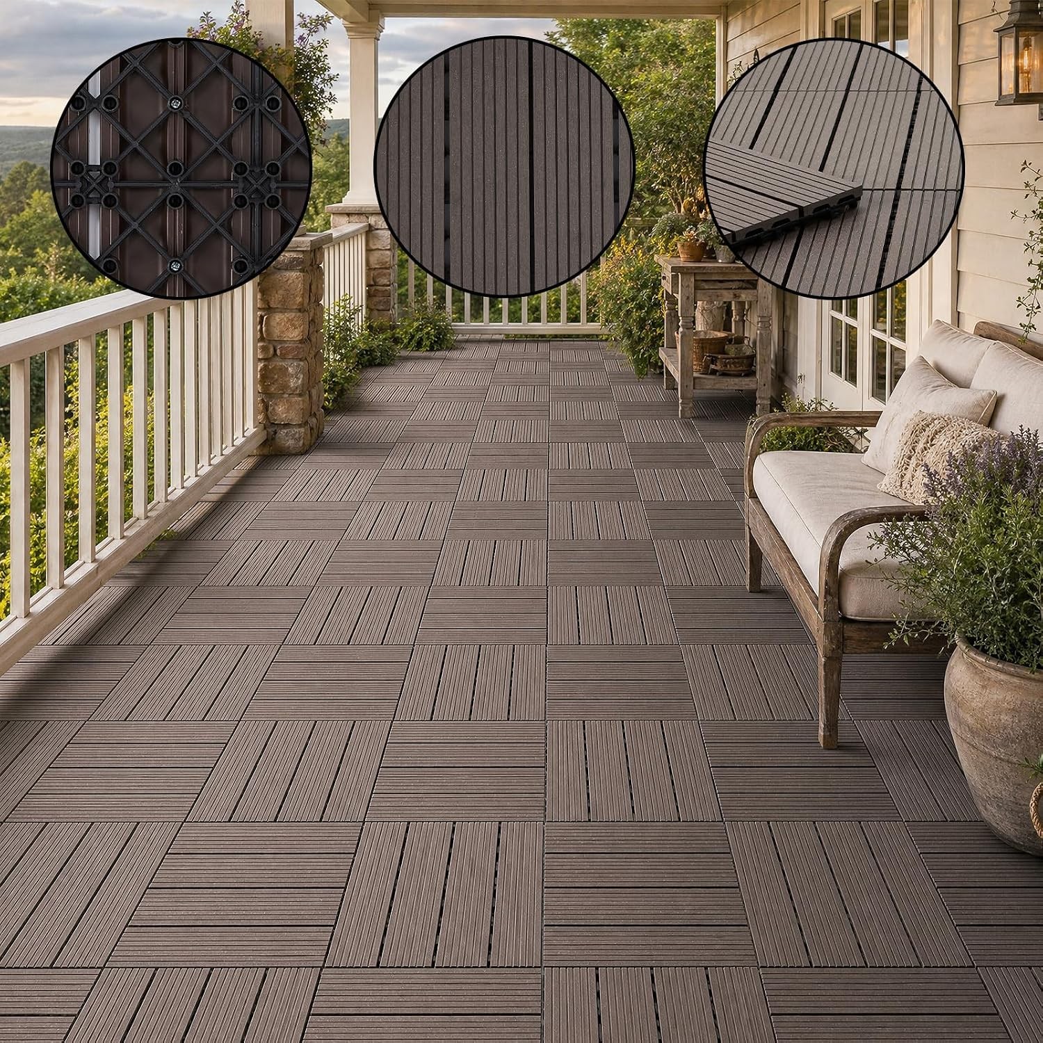 10 Pack Snap-Lock Deck Tiles 12x12in WPC Outdoor Flooring for Garden Poolside