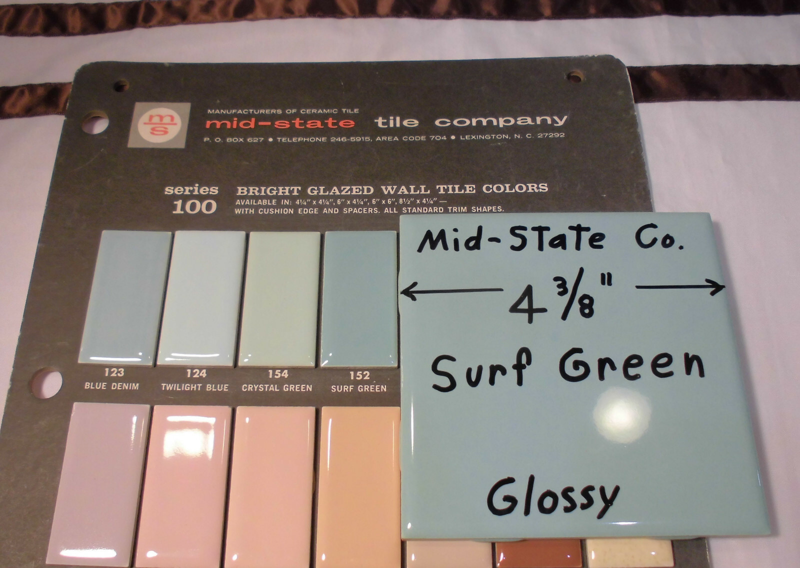 1 pc. Vintage Ceramic Tile *Surf Green* 4-3/8″ by Mid-State Tile Co. (NOS)