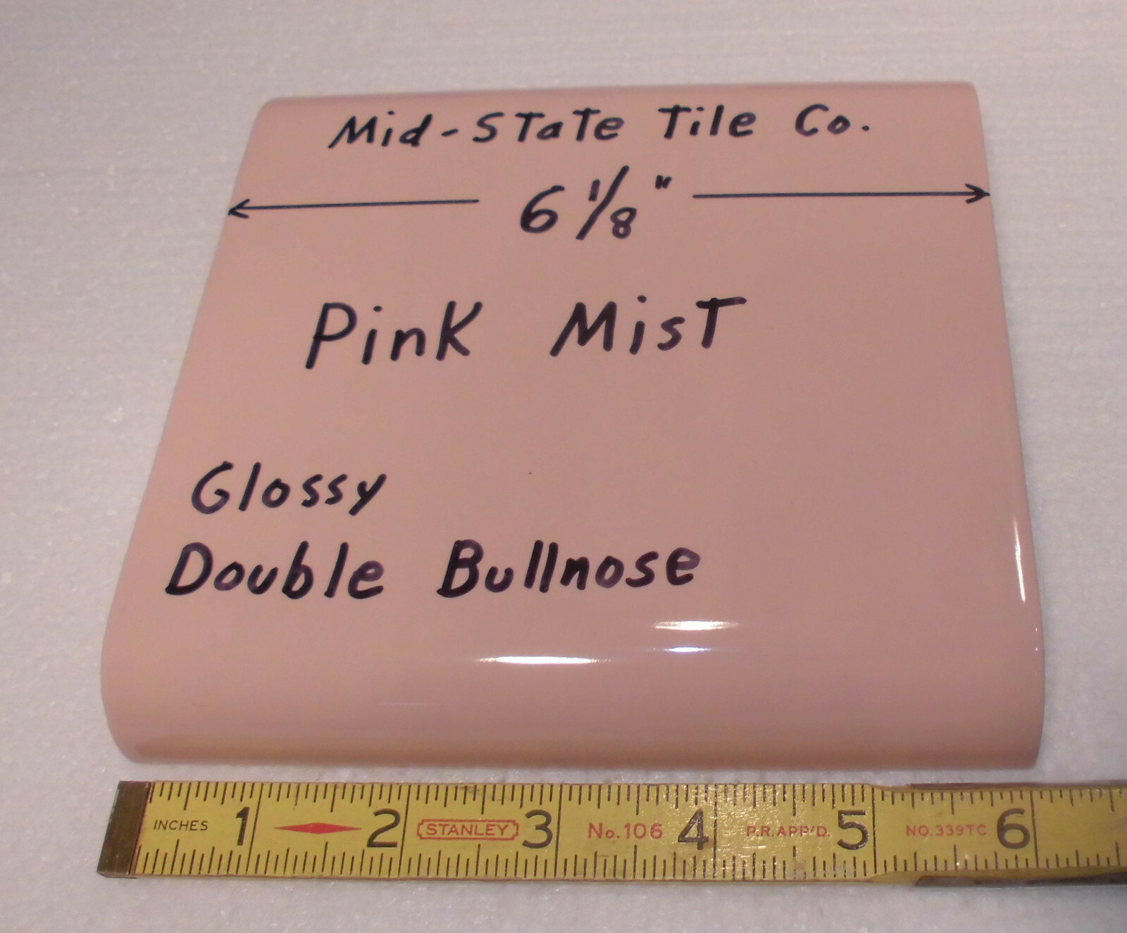 1 pc. Pink Mist 6″ x 6″ Double Radius Bullnose Glossy Ceramic Tile: Mudd Caps