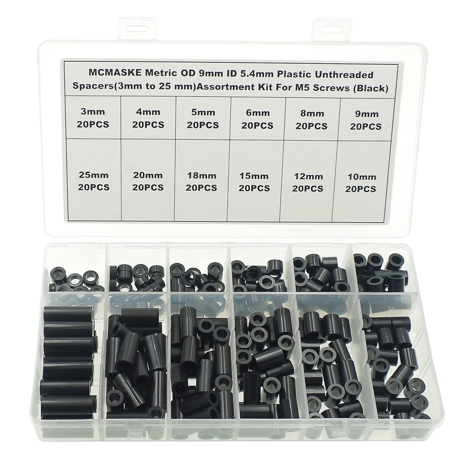 MCMASKE 240PCS OD 9mm ID 5.4mm ABS Plastic Black Round 5.4mm, black