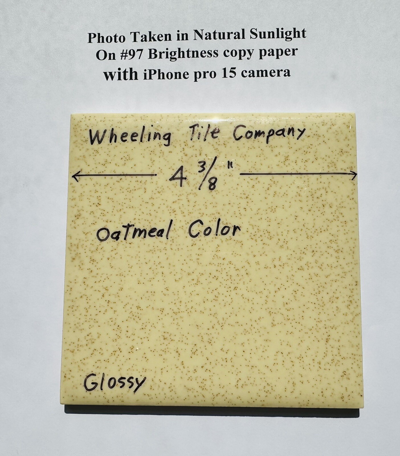 1 pc. Oatmeal 4-3/8″ Gloss Ceramic Tile by Wheeling Co. Speckled Beige-Brown USA