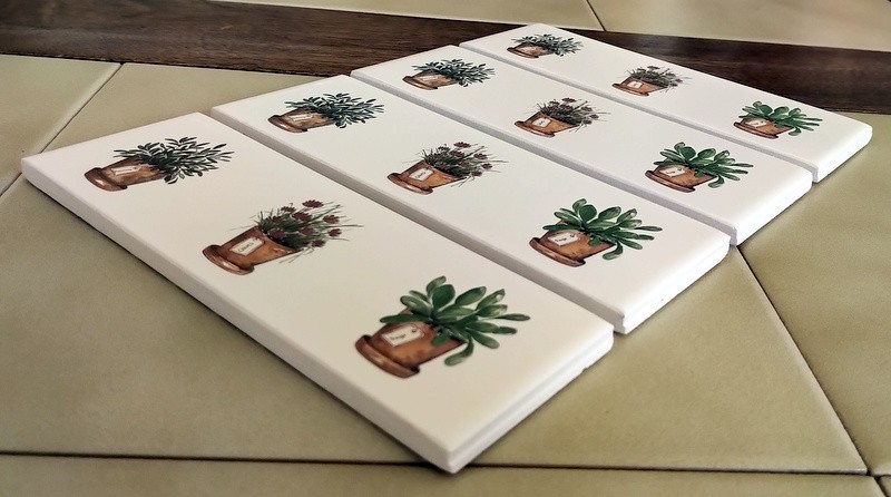 Lot (4 pieces) White Field Accent Potted Herbs Wall Tiles – Rosemary Chives Sage