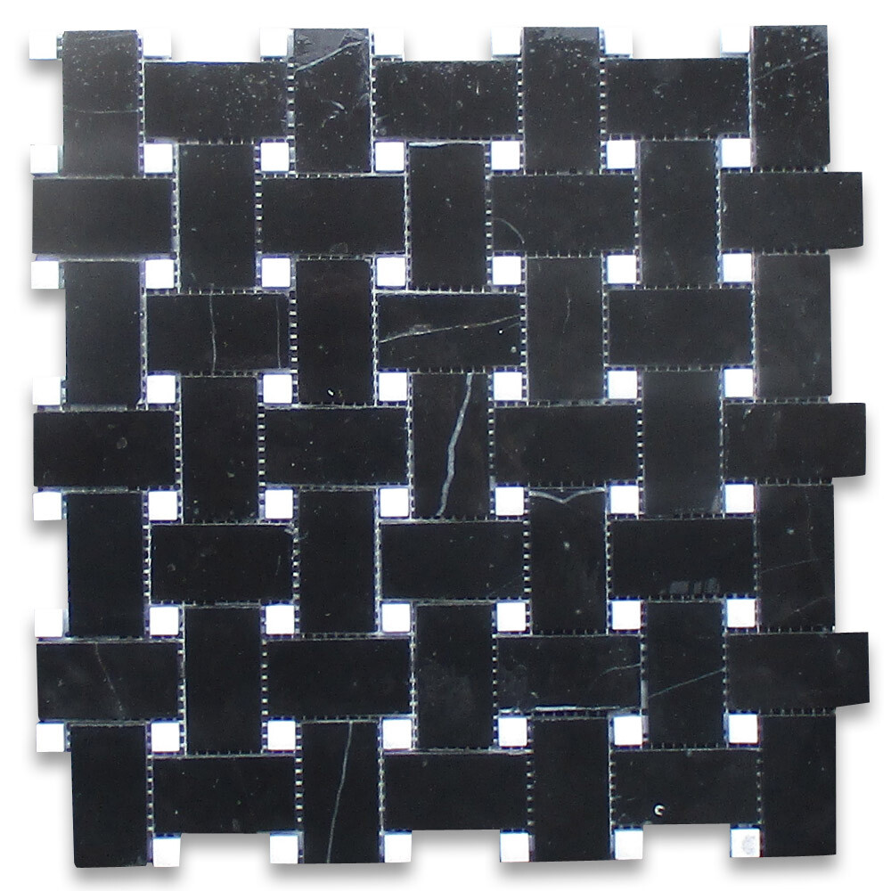 N655XH Basketweave Nero Marquina Black Mosaic Tile w/ White Marble Dots Honed